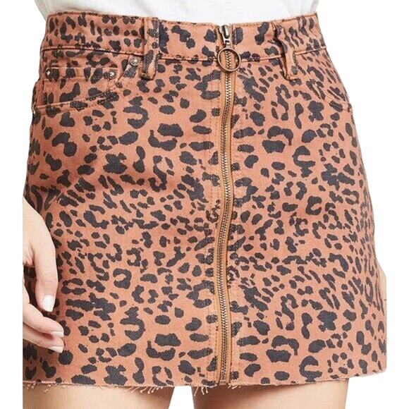 Free People Zip It Up Leopard Printed Frayed Hem Mini Skirt sz 27 black brown - Picture 2 of 7